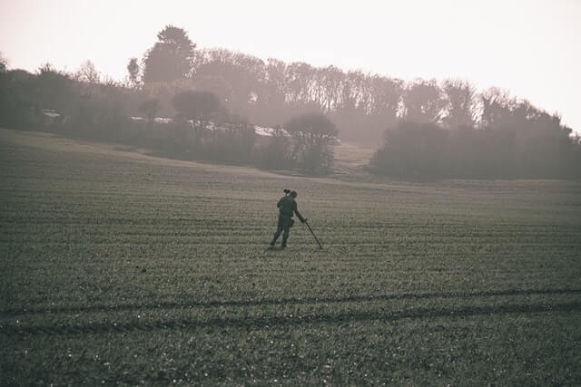 Man metal detecting in the field